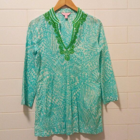 LILLY PULITZER top dress beaded blue green coverup XS beach artsy vacation summe - Picture 1 of 11